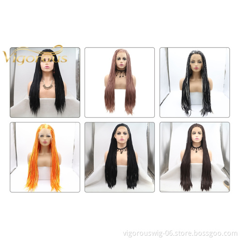 Long straight black brown cheap wholesale high guality heat resistant synthetic braided wig with lace front